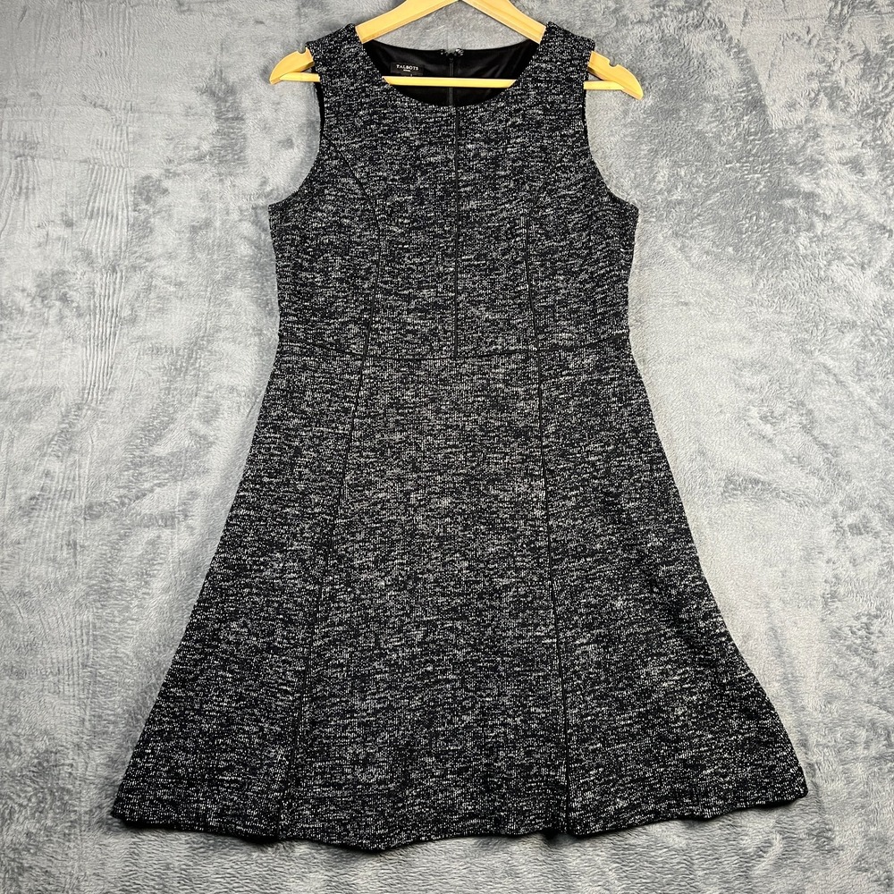 Talbots Fit & Flare Dress Women 8P Black White Lined Texture Sleeveless Back Zip